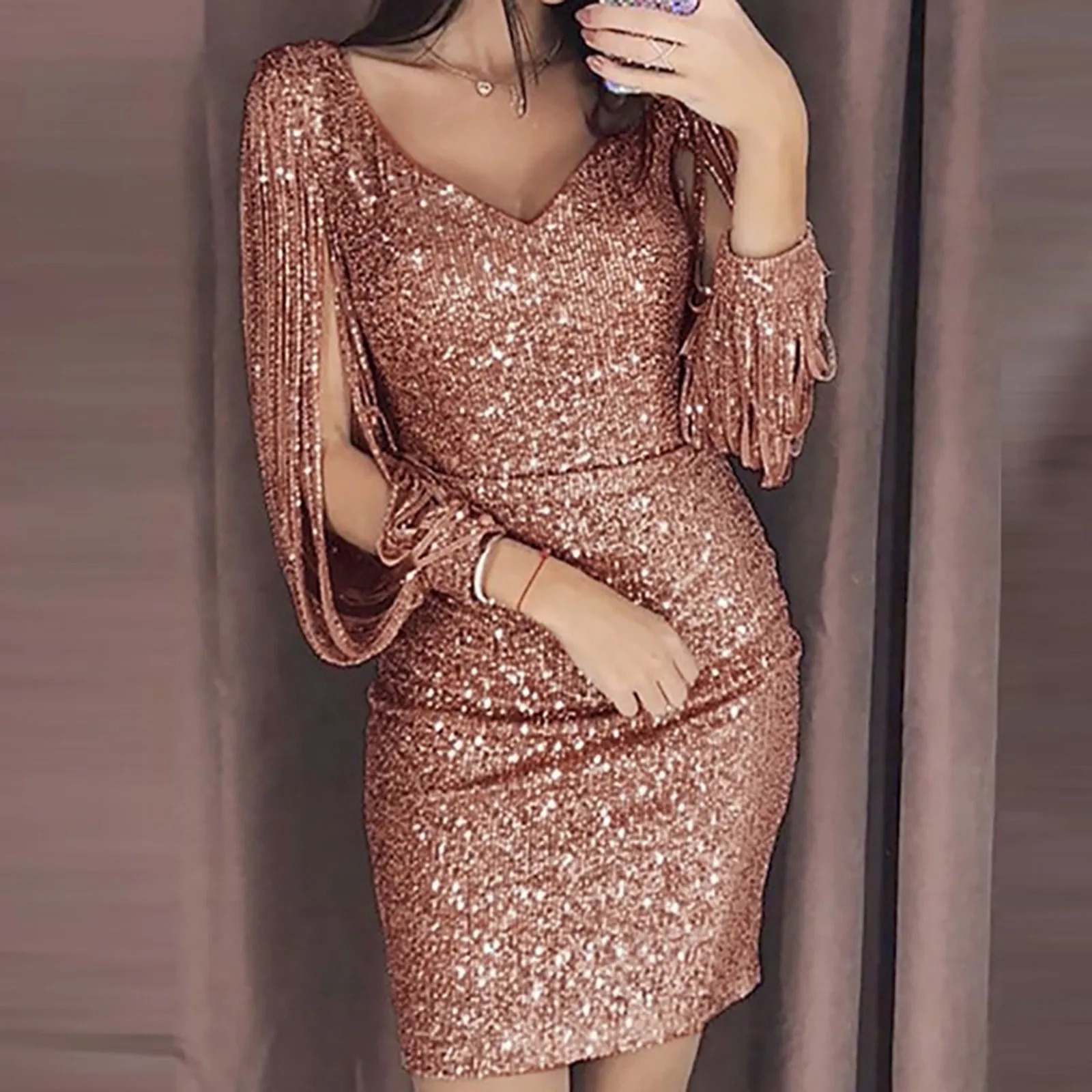 silver sequin tight fitting dress for women sexy tassel sleeves V-neck club mini dress elegant womens body pencil party vest 250102