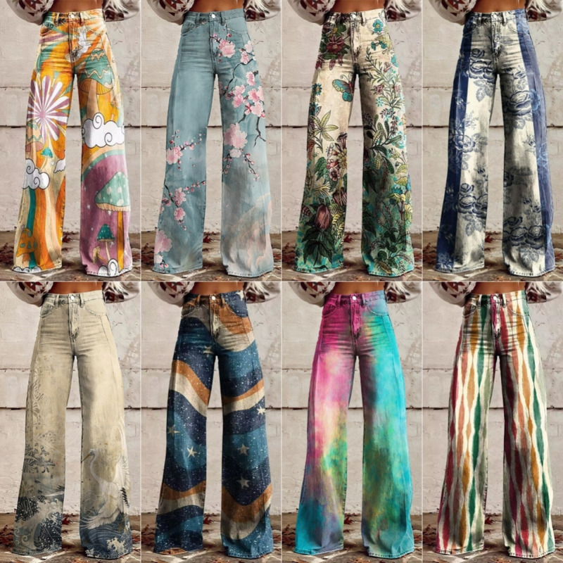 Plus Sizes S-5XL Women Jeans 2025 New 3D Heat Transfer Printing Bell Bottom Pants Simulation Denim Pants Loose Pants