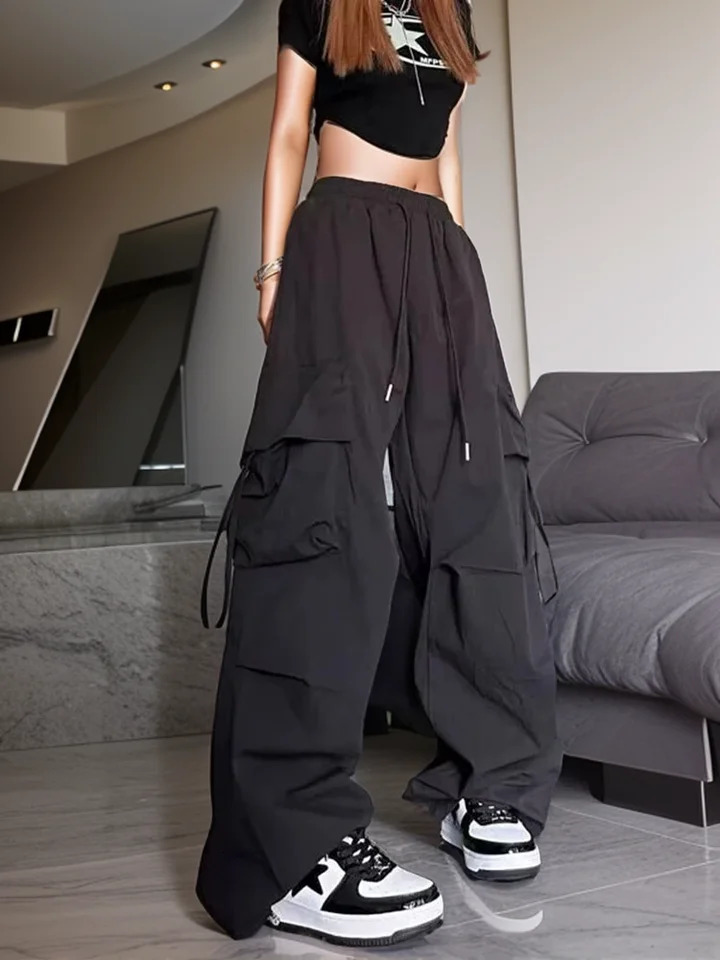 Womens Y2K commodity pants high waisted streetwear hip-hop mens style womens large pockets casual student drawstring sports pants 250102