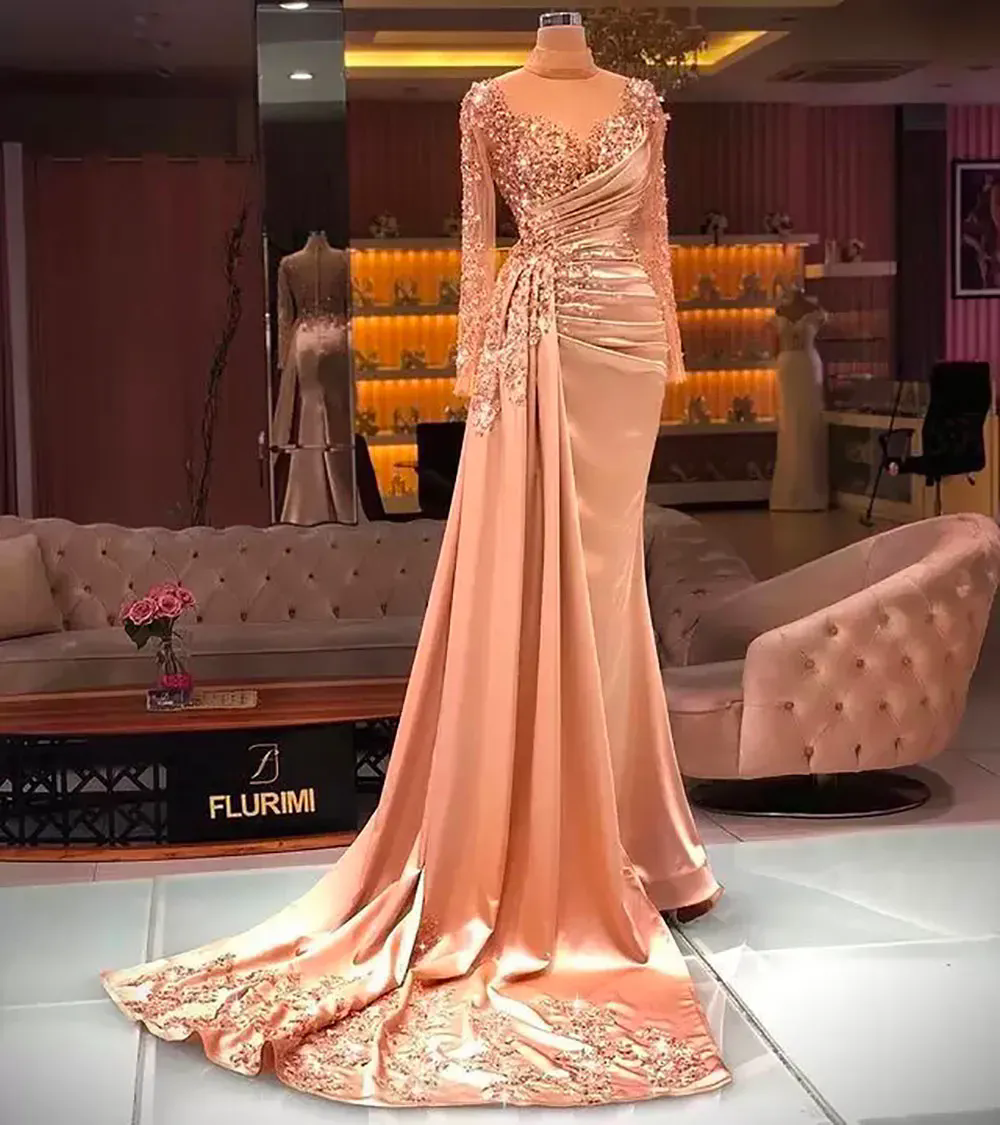 Luxury Arabric Beading Mermaid Evening Dresses Long Sleeves High Neck Sequin Satin Celebrity Prom Gown Arabic Dubai Formal Wear