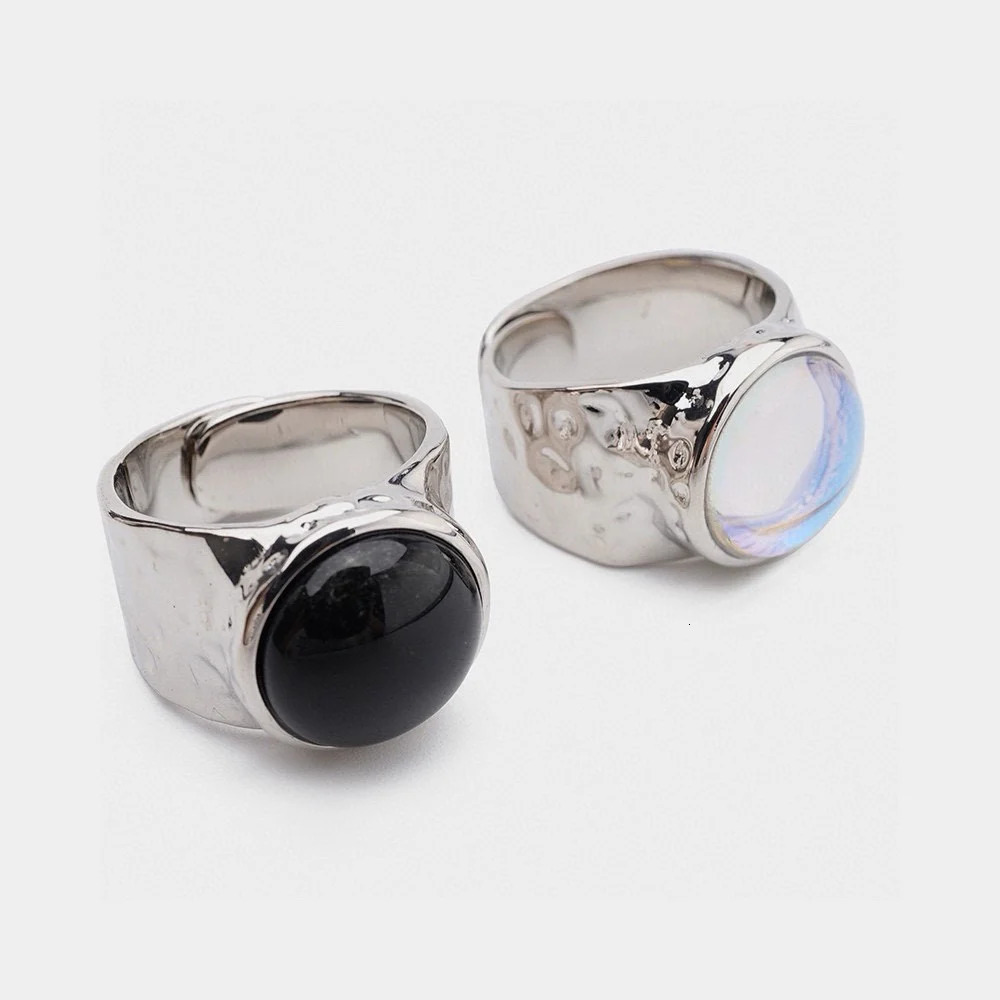 Temperature Elegant Fashion Personalized Retro Natural Obsidian Moonstone Ring Open Ring 250102