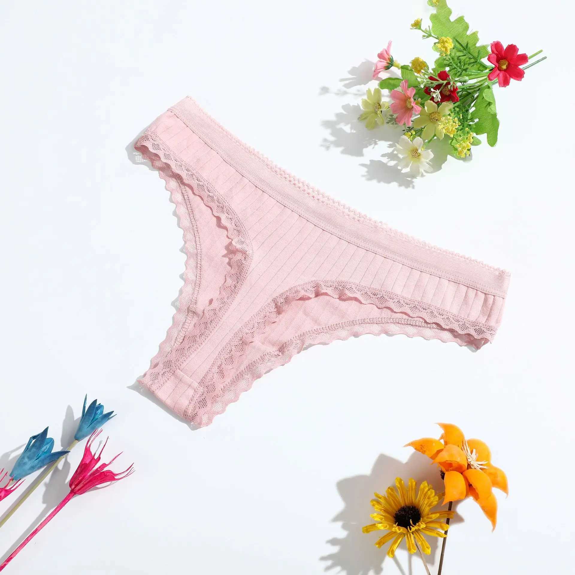 Sexy cotton thong womens lace low waist underwear womens underwear solid color breathable womens G-line W250103