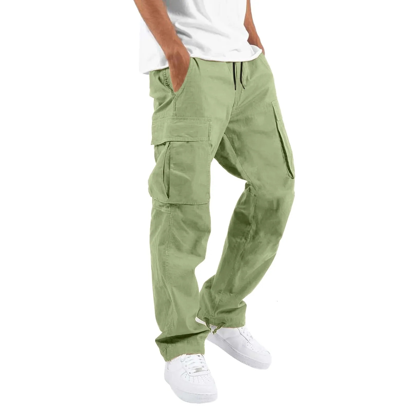 Mens Fashion Casual Pants With Pockets Drawstring Elastic Waist Solid Color Multiple Pockets Loose Sports Cargo Pants 250102