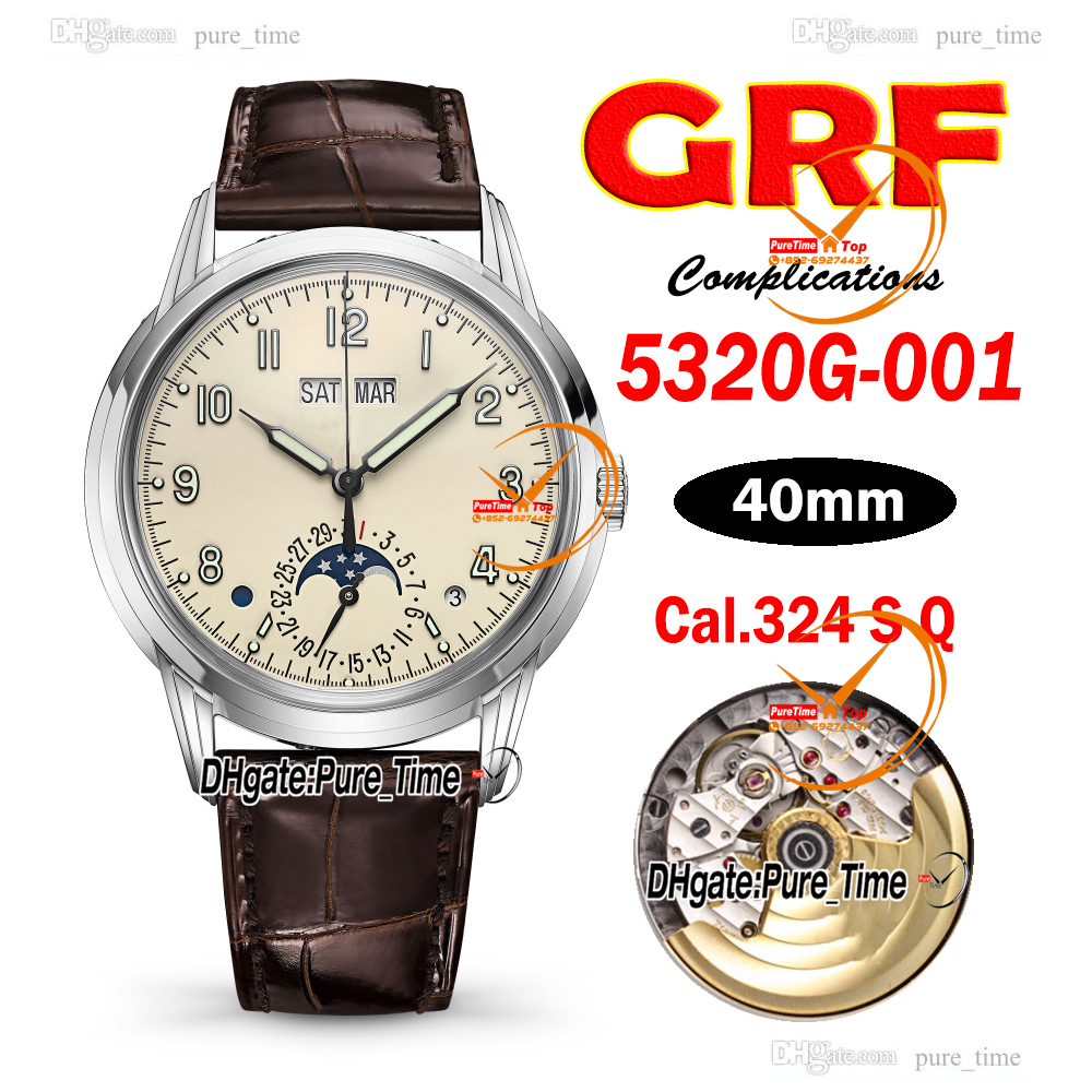 GRF 40mm 5320G-001 A324 S Q Automatic Mens Watch White Dial 5320 Grand Complications Perpetual Calendar Steel Case Leather Strap New Gents Watches Pure_Time E270B