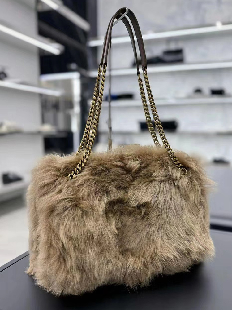 Plush Embellished Chain Shoulder and Hand Carry Big Bag for Ladies