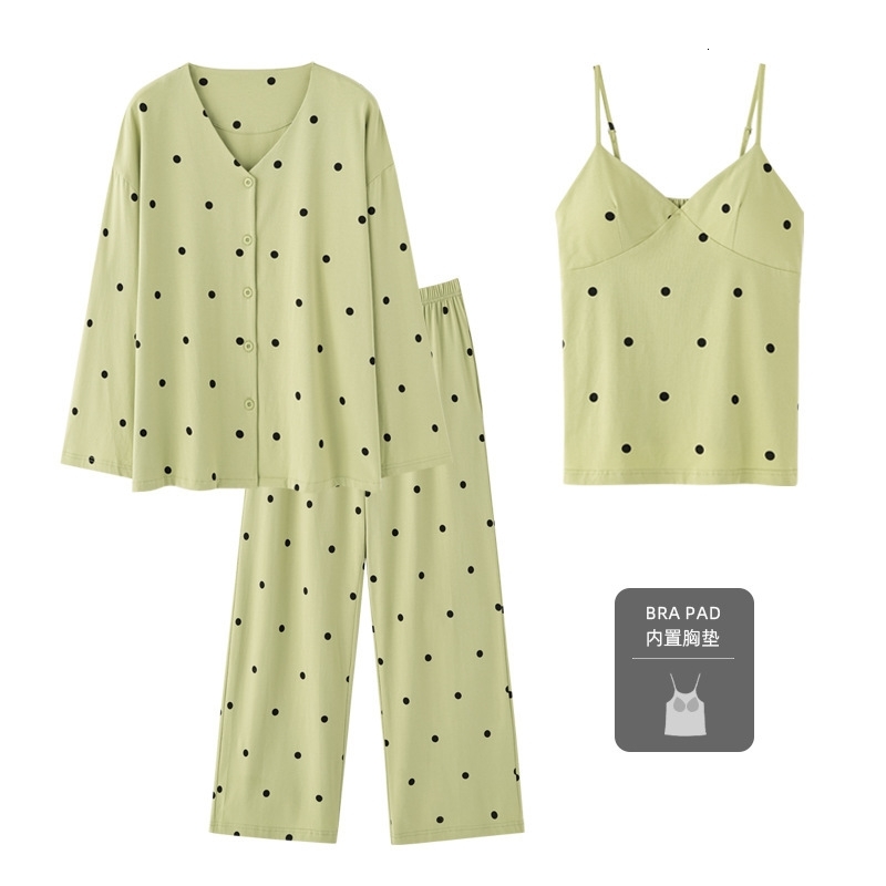 Three Piece Set Of Spring And Autumn Sleepwear With Chest Cushion Womens Long Sleeved Pure Cotton Pull-out Home Clothes