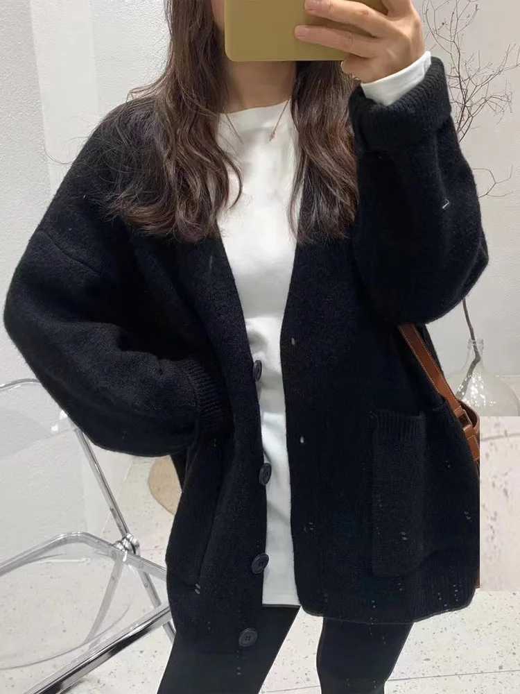 OHRYIE Autumn/Winter New Knitted Womens Loose Casual V-neck Knitted Sweater Coat Womens Solid Cardigan M250102