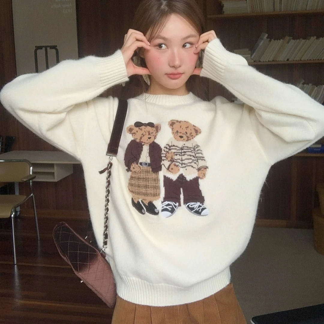 Fashion Lovely Women Cartoon Jacquard Sweater Loose Retro Jumper Winter Autumn Cute Bear Pattern Sweaters Pullover Korean Trendy 241227