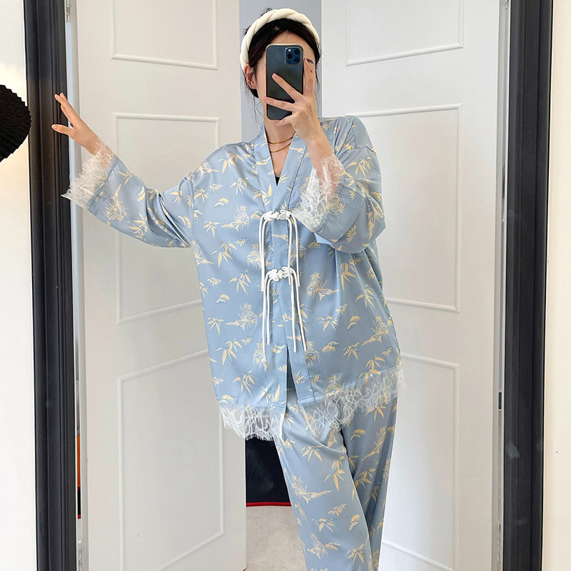 Spring Summer Chinese Style Silk Pamas Cool V Neck Light Blue High-grade Homewear Lace Trim Youth Lady's Loungewear Set