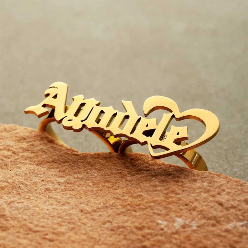 New stainless steel name ring personalized large two finger ring for women fashionable gold double finger ring for knuckles mens couple gift W250102