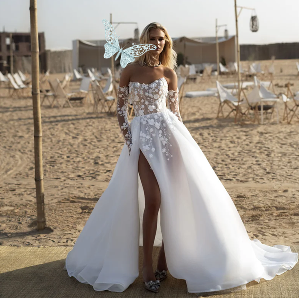 Modest Strapless Wedding Dresses Lace Sheer Illusion Appliqued Bridal Detachable Sleeves Brides Gowns Plus Size Robe De Mariee Custom Made 6660312