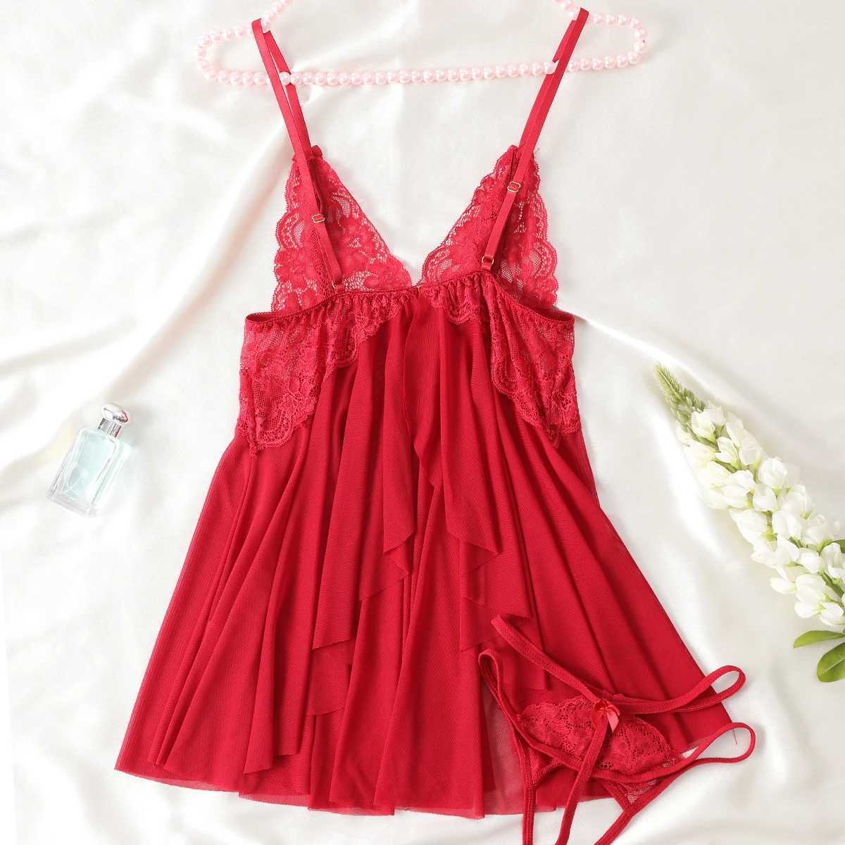 New Erotic Pajama Set Lace Womens Pajamas Exotic Cotumes Babydoll Transparent Dress Sexy Underwear Hot Evening Dress Open Bra W250103