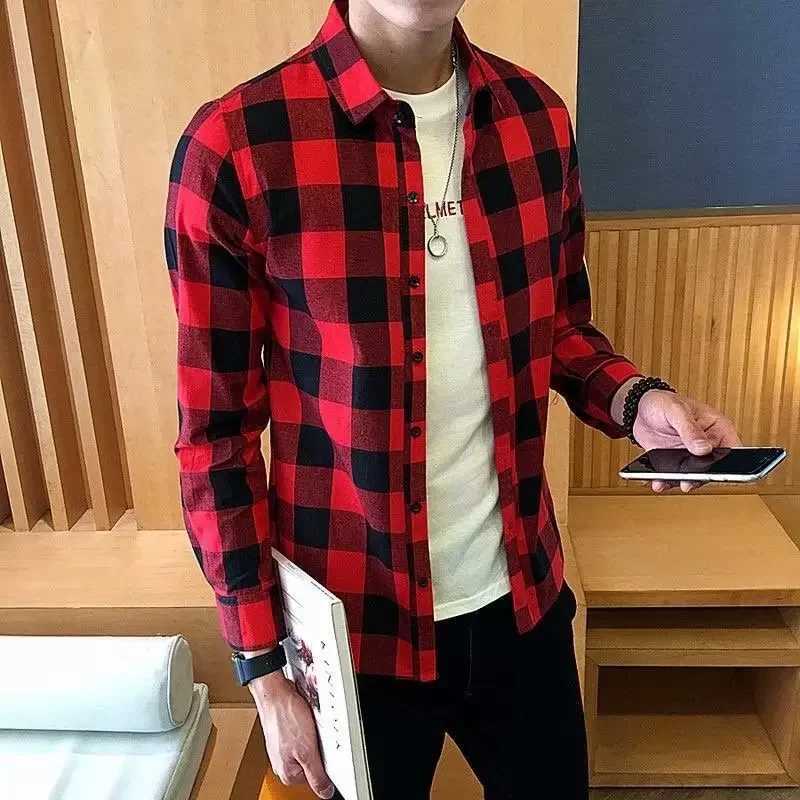 202 spring/summer casual red checkered long sleeved shirt youth lapel checkered tight fitting shirt smooth silhouette thin jacket W250103