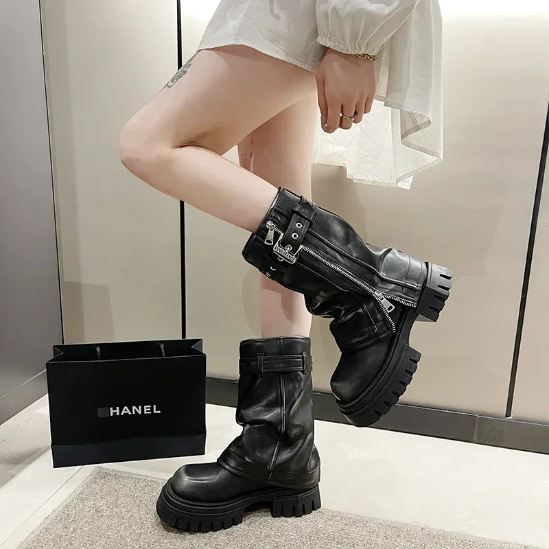 Ladies Shoes on Sale Fashion Side Zipper Womens Boots Winter Square Toe Solid Middle Tube Platform Chunky Heels Boots250102