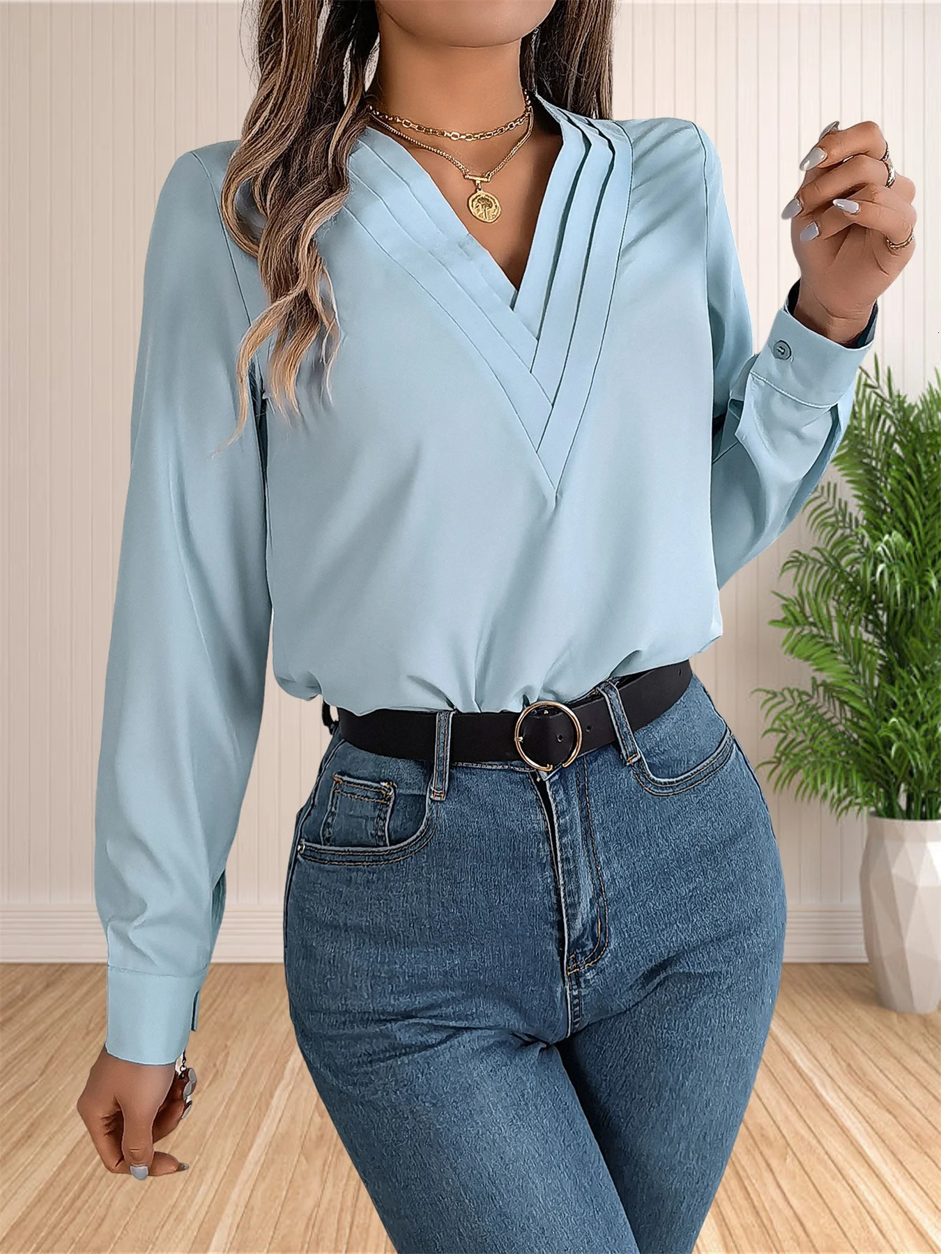 Womens elegant business office shirt layered V-neck long sleeved dress work top 250102