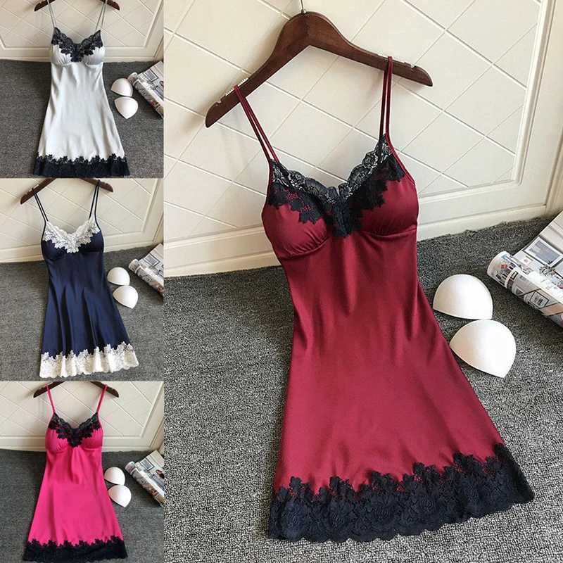 Womens sexy lingerie summer silk evening dress lace patch work mini evening dress spaghetti strap sleepwear womens strap chest pad W250103