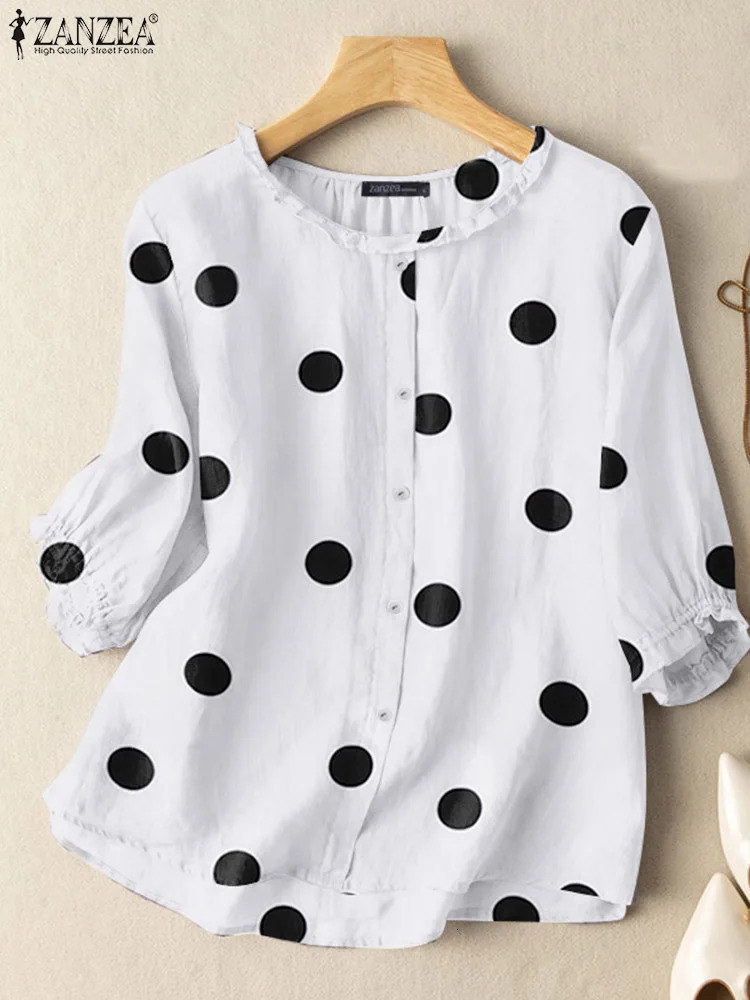 ZANZEA Summer Polka Dot Printed Shirt Elegant Womens Shirt Casual Ruffle Party Holiday Blue 3/4 Sleeve Bohemian Tuned Top 250102