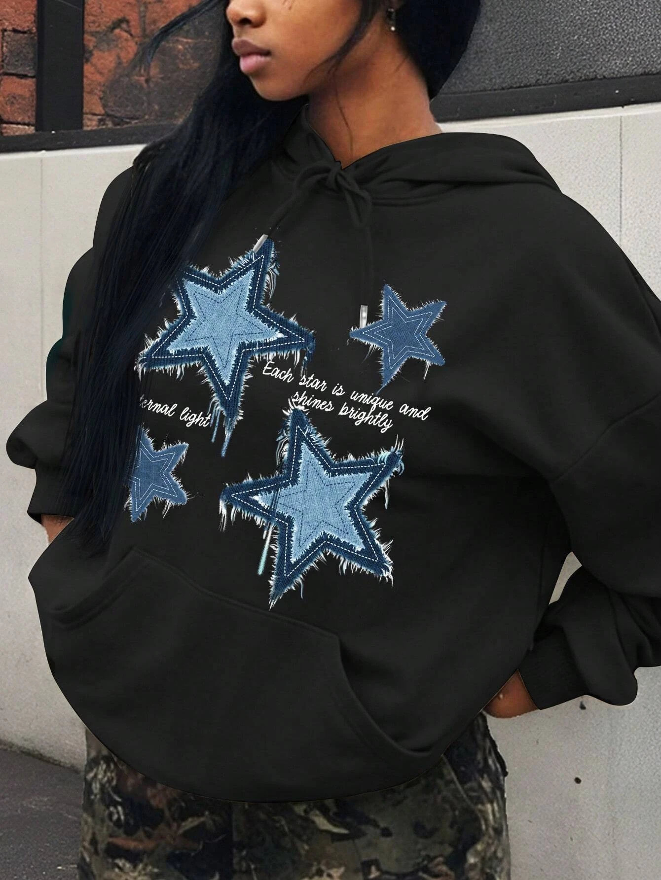 Retro Blue Star Printed Women Hoodie Casual Multicolor Hoody Vintage Loose Y2K Hoodies Comfortable Fleece Woman Clothing 250103