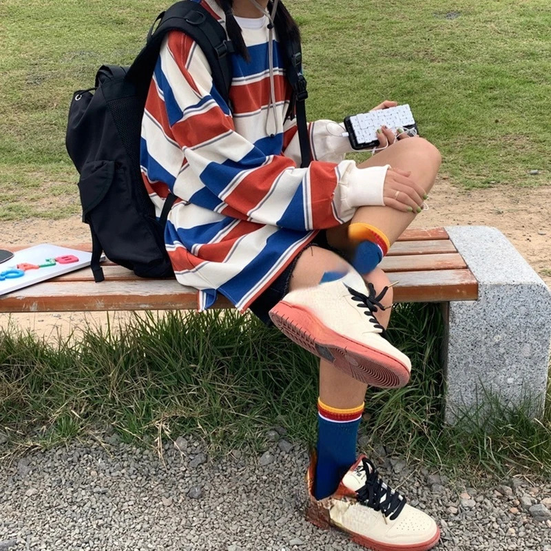 spring autumn Striped hoodies women fashion Long Sleeve Hoodie Sweatshirt Harajuku Jumper cotton Pullovers Casual oversized Coat 250103