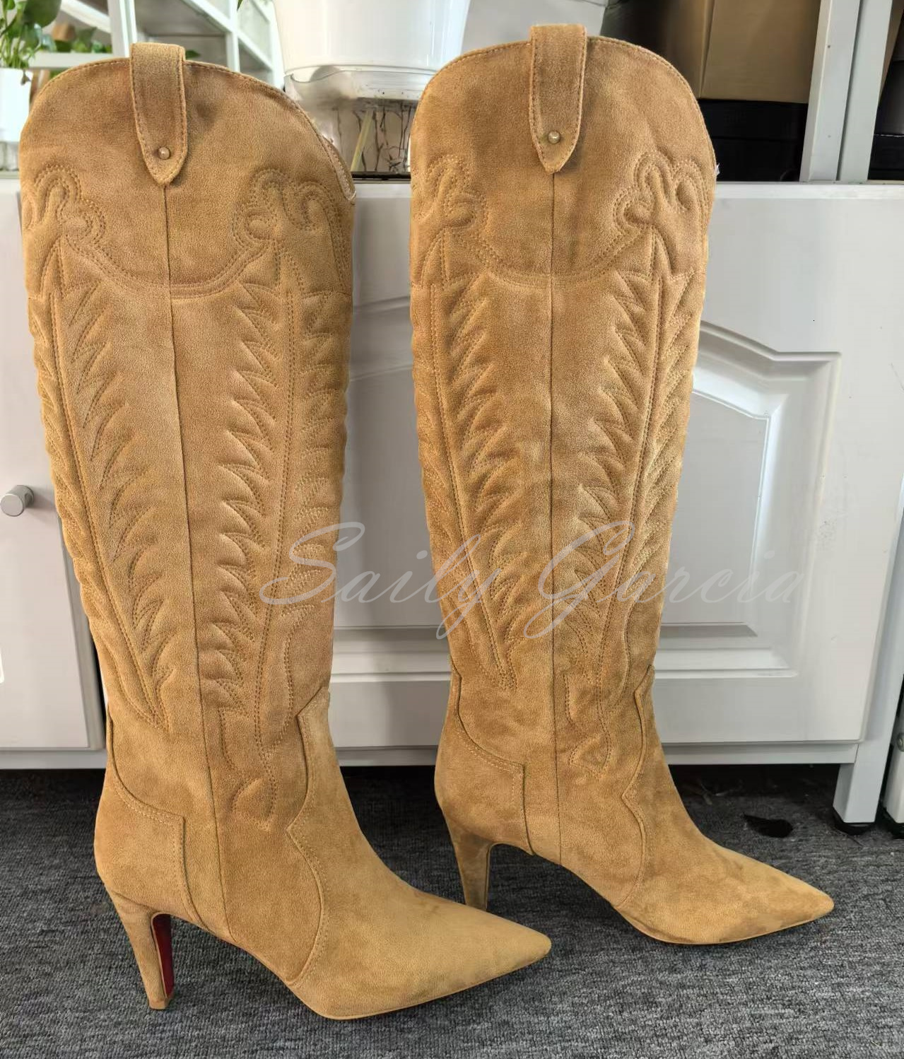 Brown Suede Crystal Beaded Knee High Boot Women Pointy Toe Embroidery Stiletto Heel Slip On Designer Brand Winter Trendy Booties