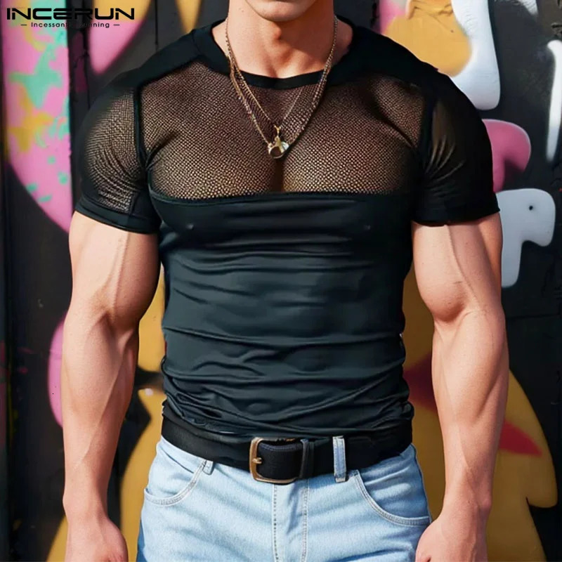 INCERUN Tops 2024 American Style Fashion Men Mesh Splicing Solid T-shirts Casual Streetwear O-neck Short Sleeved Camiseta S-5XL 250102
