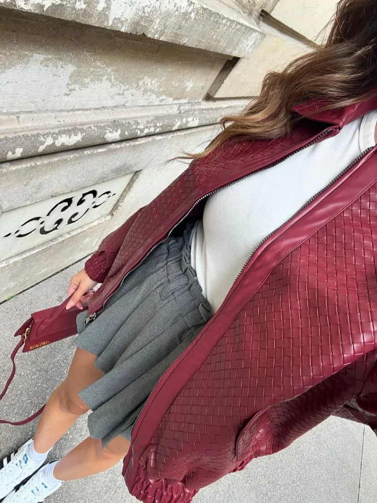Fashion Burgundy Braid Leather Laple Jacket Women Chic Long Sleeve Zipper Pocket Coats Autumn Female Loose Commute Streetwears 241224