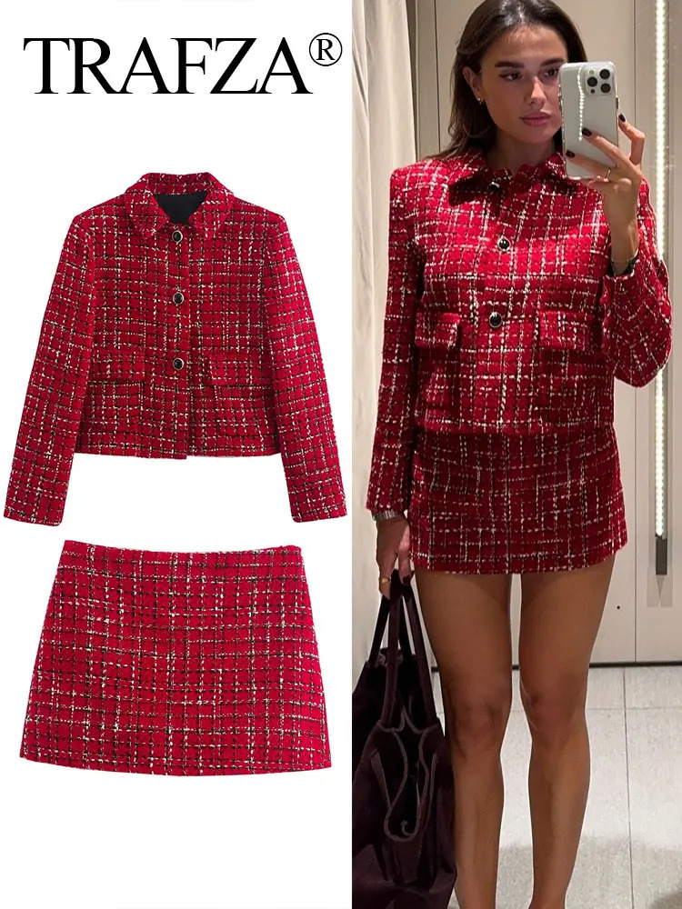 TRAFZA Women Red Skirt Suit Texture Single Breasted Pocket Knit Lapel Jacket CoatElegant High Waist Side Zipper Culottes Street250102