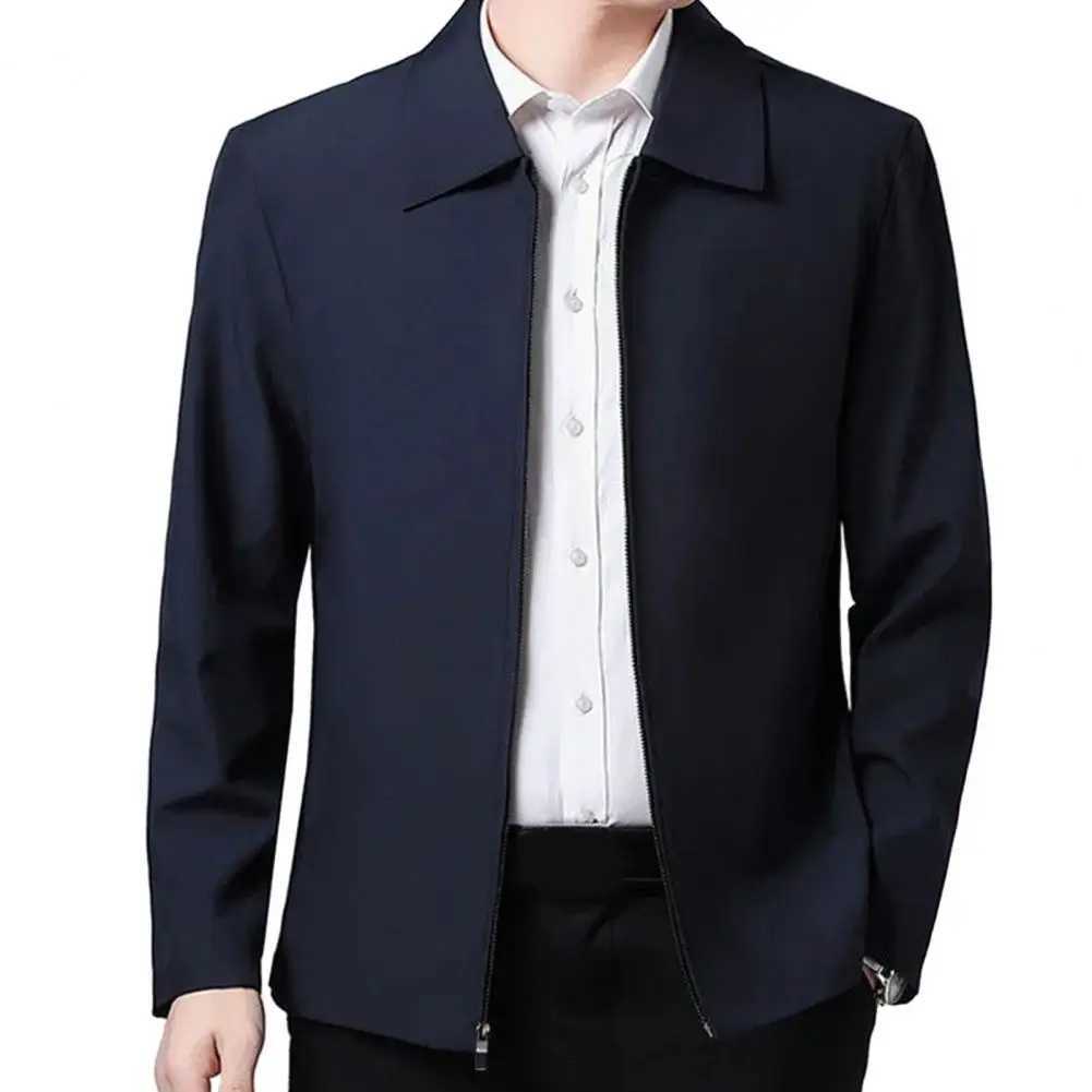Zipper pocket mens jacket elegant middle-aged and elderly mens lapel jacket fashionable zipper closure straight fit soft formal W250103