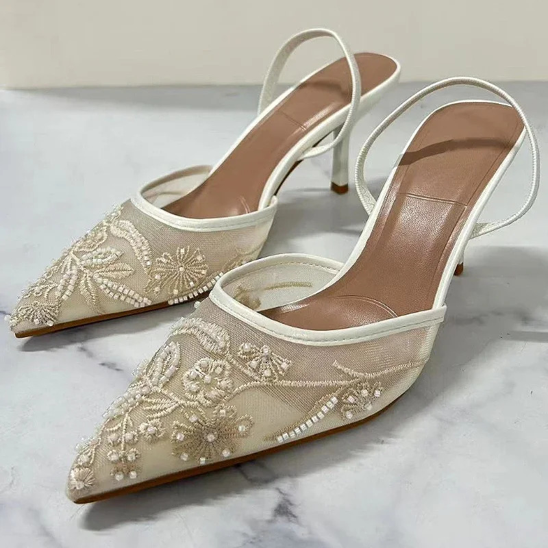 Design Mesh Embroidered wers Sandals Breathable 2025 Summer Sgback Pumps Women Sexy Pointed Toe Thin High Heels 250308