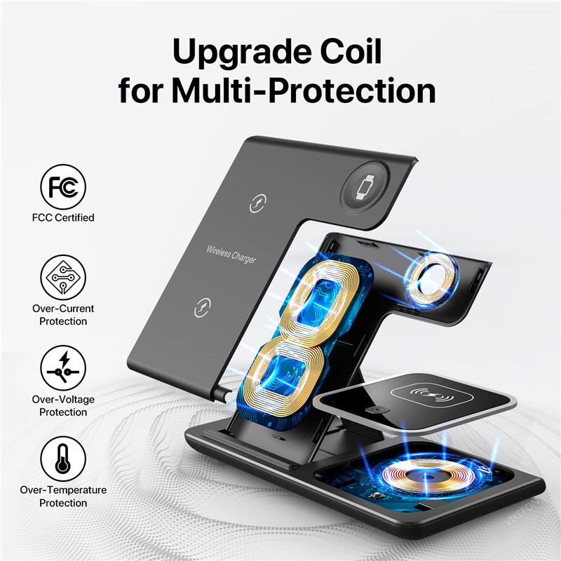 15W LED Fast Wireless Charger 3 in 1 Foldable Charging Station For iPhone 16 15 14 13 12 11 Apple Watch 9 8 7 6 5 Airpods 3 4 Pro 2 With Retail Box