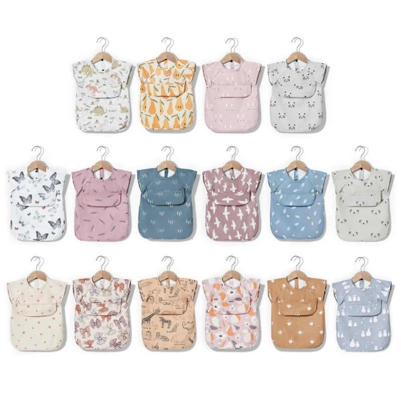 Short Sleeved Baby Drooling Bib Reversible Burping Cloth Waterproof for 12-36 Month with Front Pocket Baby Eating Bib 250103