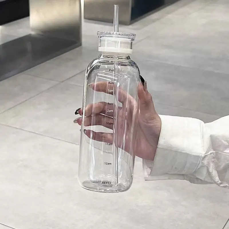 450/750ml Large Glass Water Bottle with Straw 2 Lids Clear Kawaii Drinking Bottle Leakproof Cup for Woman Girl 250102