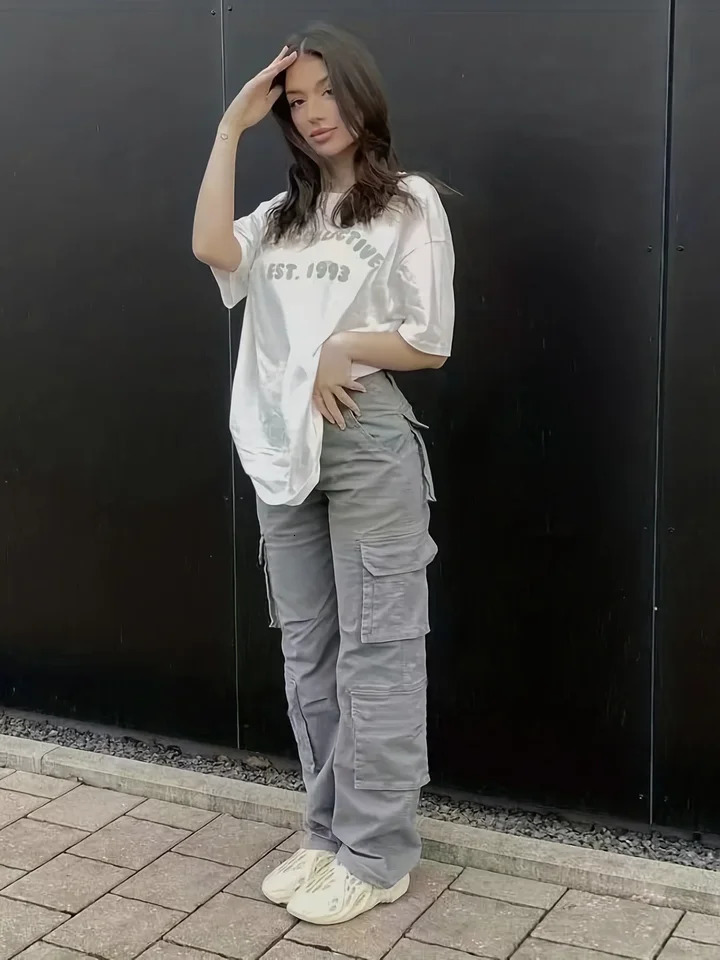 Y2K womens street hip-hop style high waisted fashionable trend workwear denim casual pants 250102