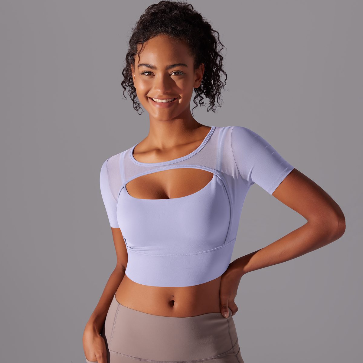 Solid Color Short Sleeve Sexy Double Layer Tank Spliced Mesh Yoga Clothing Top Fiess Running Sports Bra Women