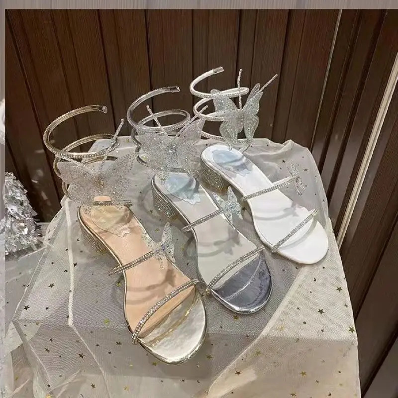 Xibeilove Summer Style Womens Sandals Sexy Rhinestone Bow Chunky Heel Sandals Banquet Shoes250102