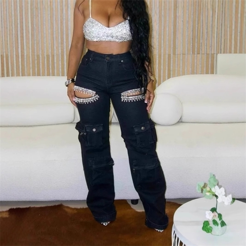 Women Jeans Designer 2025 New Hollowed Out Diamond Embellished Work Pants With Multiple Pockets And Elastic Jeans 4 Colours