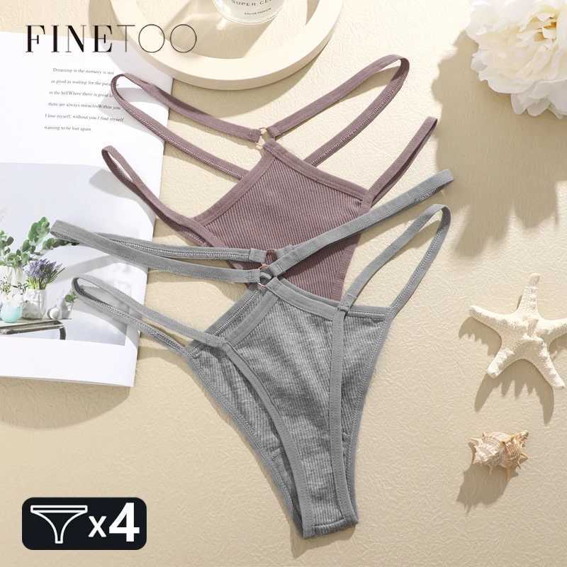 FINETOO 4pcs cotton double thin waistband womens underwear sexy low waist striped thong womens earth pants breathable underwear W250103