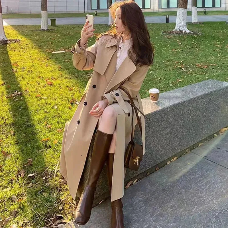 Streetwear Loose Trench Coat Midi Length Fashion Korean Elegant Khaki Black Womens Windbreaker Coat Casual Double Breasted Tops 241224