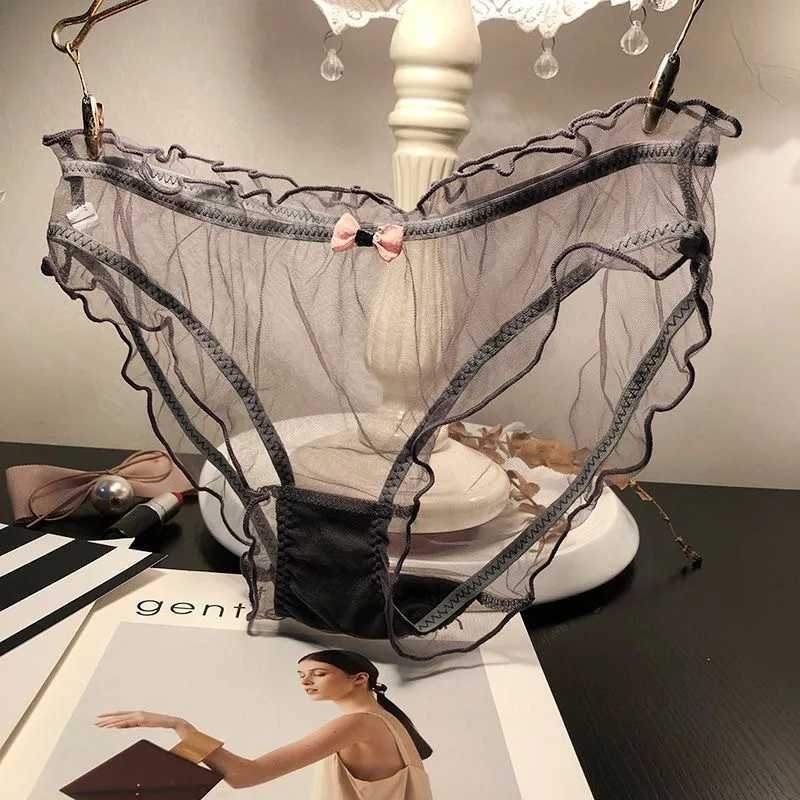 Women Sexy Transparent Panties Pink Bow Cotton Crotch Briefs Female Mesh Breathable Underwear Wave Edged Hollow Out UnderpantsXJ250103