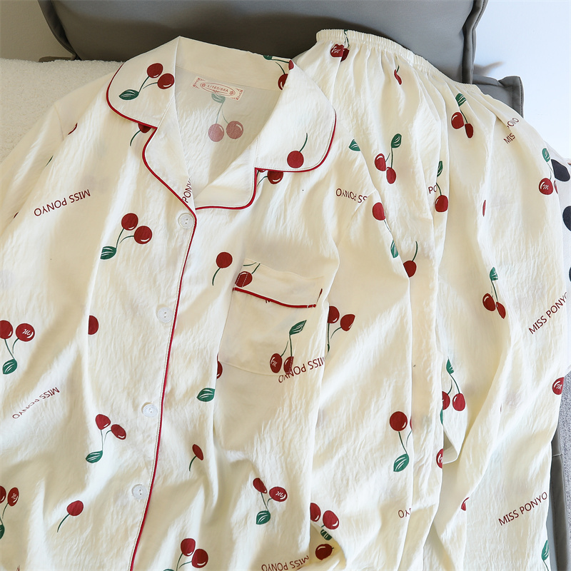 Cherries Print Two Pieces Autumn Faux Cotton Pamas Korean Fashion Home Clothes Ladies Pants and Top Set Pijamas