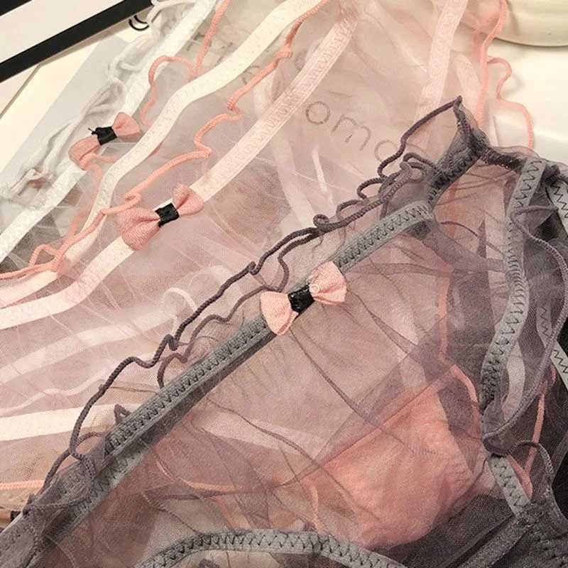 Women Sexy Transparent Panties Pink Bow Cotton Crotch Briefs Female Mesh Breathable Underwear Wave Edged Hollow Out UnderpantsXJ250103