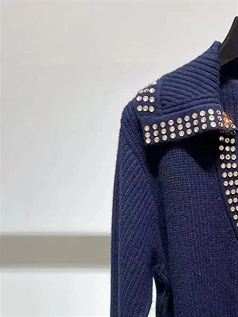 Dia Bead Decoration Women Solid Color Knitted Sweater Early Autumn 2024 Fashion Hollow Out Waist Slim Long Sleeve Pullover