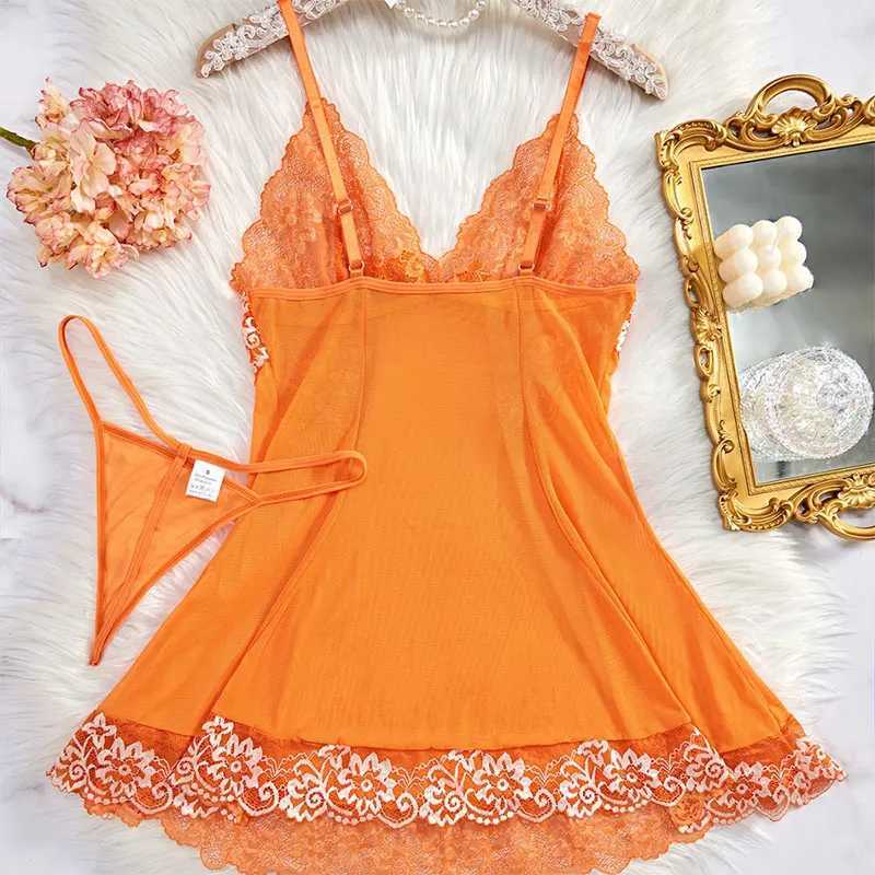 Sexy evening gown womens suspender sleepwear elegant clothing embroidered dress bright color sleepwear set with thong baby doll W250103