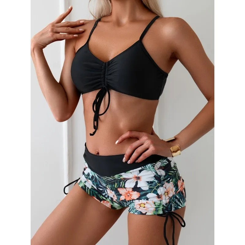 2025 High Waist Bikini Set Women Swimwear Adjustable Strap Vest Bra Girl Tropical Print Shorts Brazilian Bikinis Swimsuit Lady Bathing Suit Drawstring