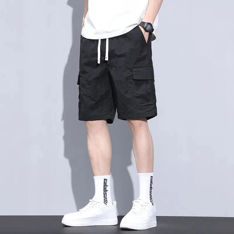 Black set shorts mens loose summer pants American retro long street casual five dot print Chinese pants 241230