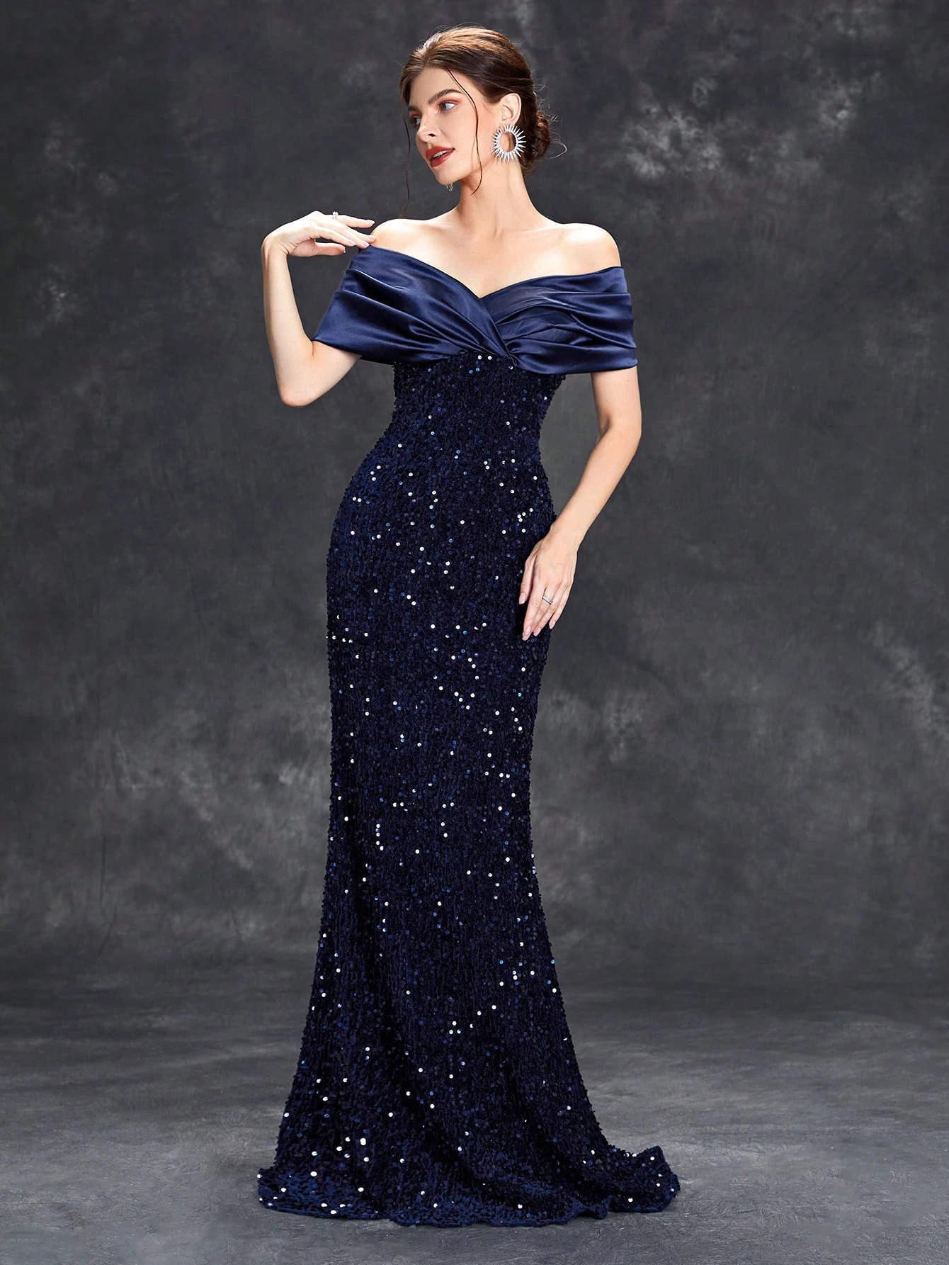 Mgiacy Line Collar Folded Tint Sparkling Velvet Tail Dress Evening Dress Ball Dress Party Dress Bridesmaid Dress 250102