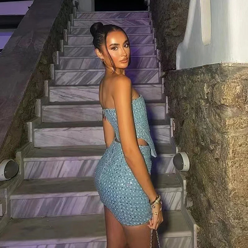 HXAO Women Blue Sequined Denim 2 Piece Sets Sexy Strapless Top Stylish Woman Mini Skirt Sets Tweed Set Summer Nightclub Outfits 250103