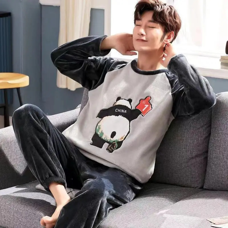 Winter Long Sleeve Thick Warm Flannel Pajama Sets for Men Coral Velvet Cute Cartoon Sleepwear Suit Pyjamas Homewear Clothes 250103