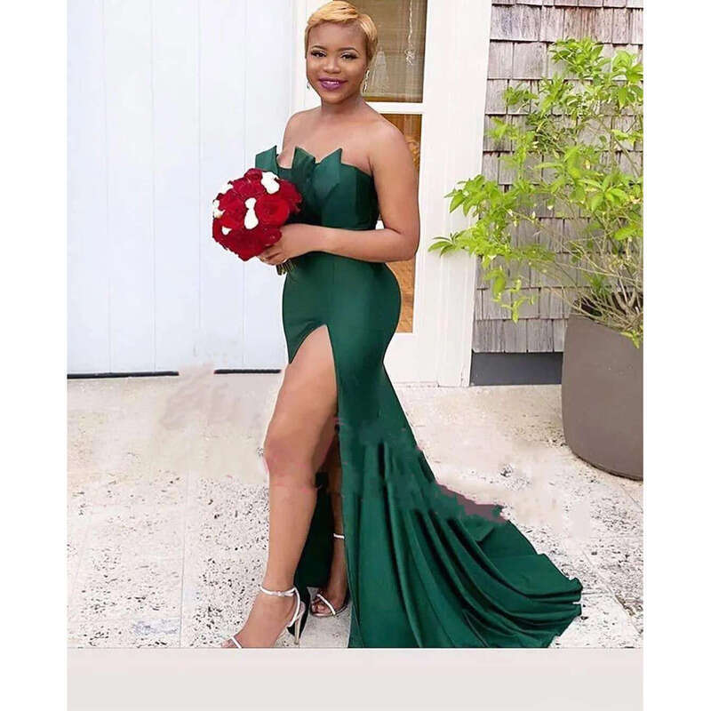 Hunter Green Different Necke Sexy Sleeveless Satin Evening Dresses Ruched High Side Split Long Prom Dress Sweep Strain Robe De Soiree