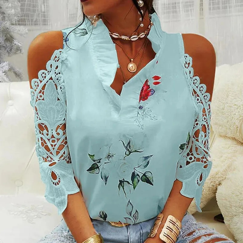 Summer womens strapless top casual sexy hollow flower print womens shirt elegant V-neck short sleeved lace shirt blue 19361 250102